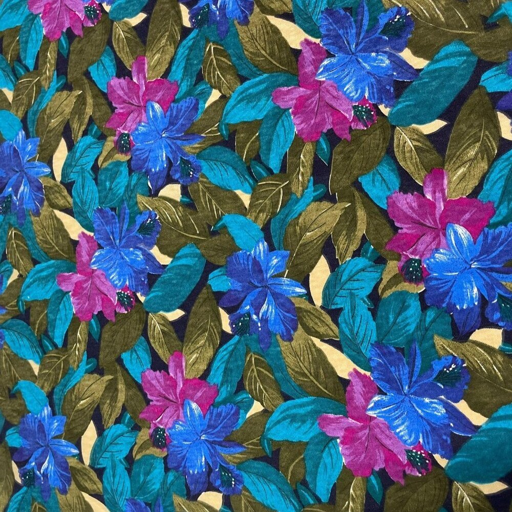 Vintage‎ Fabric Tropical Floral Flowers Blue Fuchsia Teal Green 51" X 56"